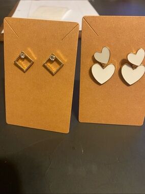Gold & White Heart Drop Earrings + Gold Square Studs - Duo Set